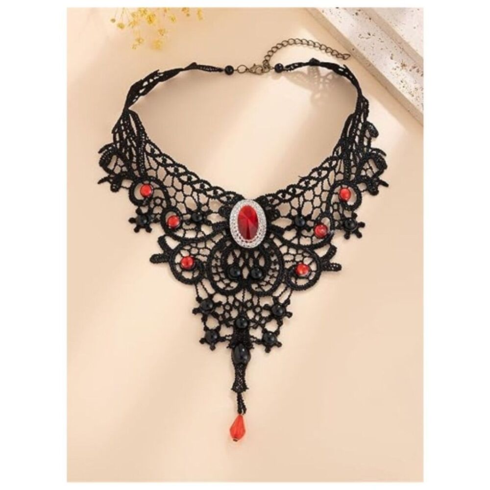 NWT Gothic Black Lace Choker Red & Black Cabochons Teardrop Bead